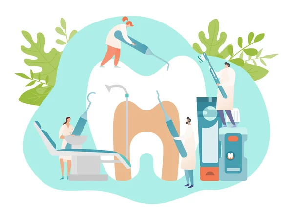 Concepto de banner de oficina dental, póster de higiene bucal y cuidado dental, personas minúsculas con herramientas, ilustración vectorial — Archivo Imágenes Vectoriales