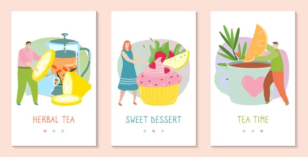 Les gens qui font des tisanes au citron et cupcake, ensemble de bannières conceptuelles pour application mobile, illustration vectorielle — Image vectorielle