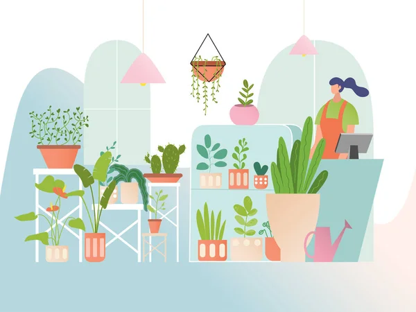 Floristería con plantas de interior, vendedor de mujeres en la tienda de flores, colección de vegetación en estilo plano, ilustración vectorial — Vector de stock