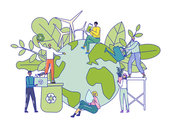 Concepto de energía verde, gente diminuta salvando el medio ambiente de la Tierra juntos, ilustración vectorial personajes de dibujos animados — Vector de stock