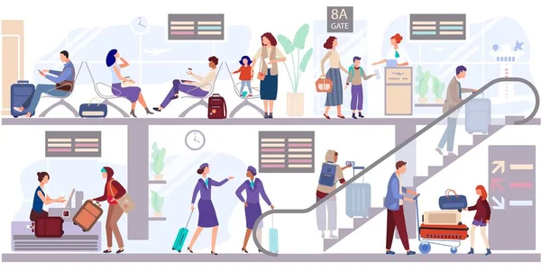 Odlet lidí salonek na letištním terminálu vektorové ilustrace. Cestující se odbaví v zavazadlech a čekají na odjezd k bráně. — Stockový vektor