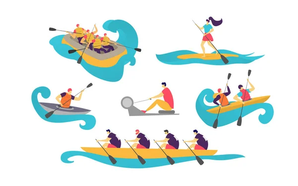 Les gens équipe de sport en bateau sur l'eau femmes, homme navigation de plaisance avec pagaie en canot tourisme illustration vectorielle isolé sur blanc . — Image vectorielle