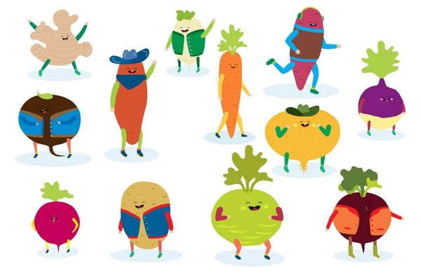 Sorriso alimento vegetal, natureza saudável dieta orgânica colheita em roupas com rosto em quadrinhos ilustração vetor vegetal isolado em branco . — Vetor de Stock