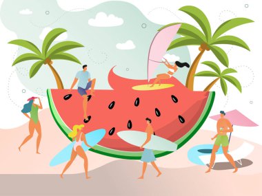 Yaz tatili konsepti, sörf tahtası olan aktif insanlar, sahilde kocaman bir karpuz dilimi, vektör çizimi.
