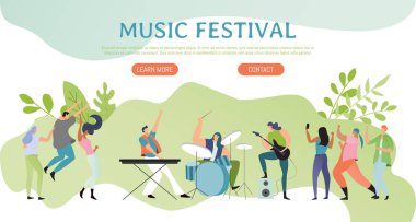 Müzik festivali posteri, konserdeki insanlar, rock grubu web sitesi konsepti, vektör illüstrasyonu
