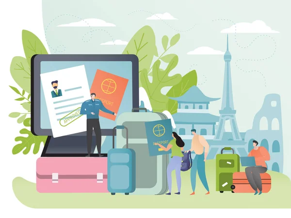 Las personas solicitan visado para viajar al extranjero, concepto de pasaporte turístico, control de seguridad de documentos, ilustración vectorial — Vector de stock