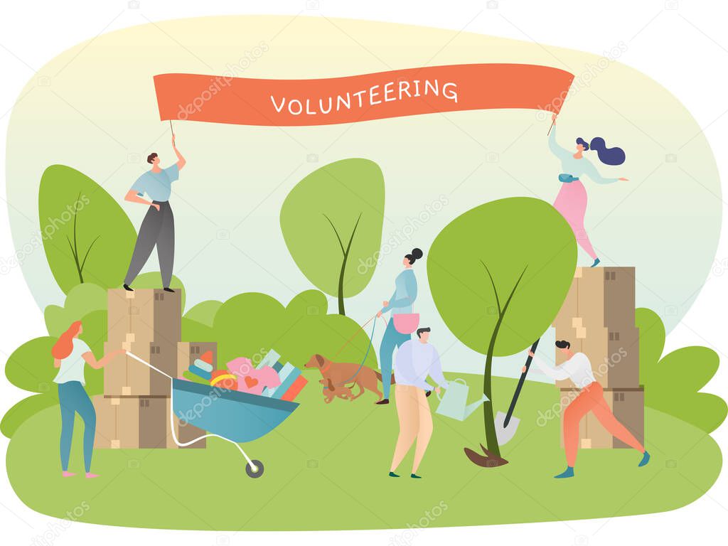 Volunteer organization concept, people planting and watering tree, donating to charity, vector illustration