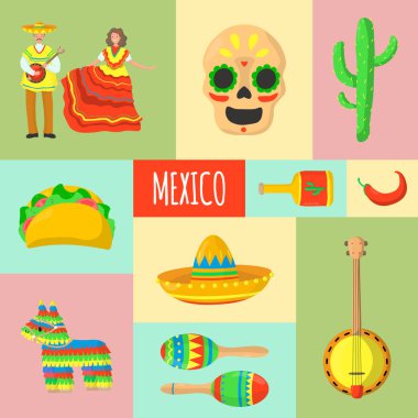 Tile Mexico kültür afişi ve broşürü. Meksika partisi ve etnik sembollü fiesta.