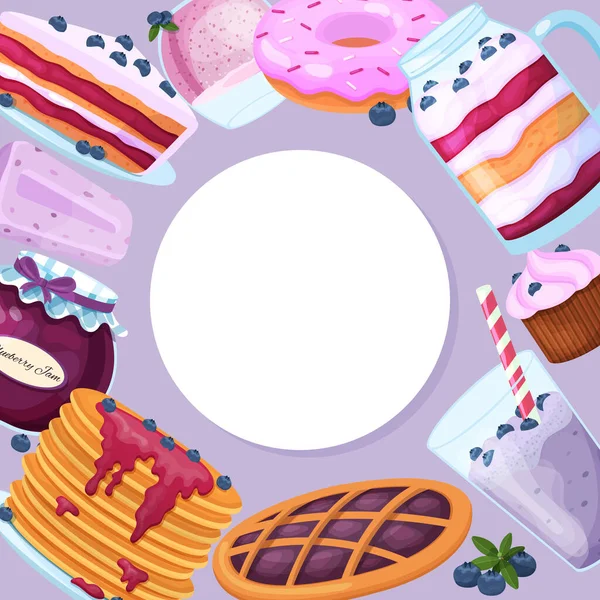 Sæt af søde blåbær dessert ikon. Runde banner koncept mønster dessert . – Stock-vektor