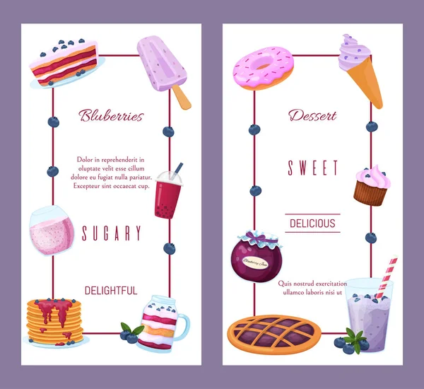 Menu para sobremesa de mirtilo doce. Ícone, cartaz e conceito de banner sobremesa de baga . — Vetor de Stock