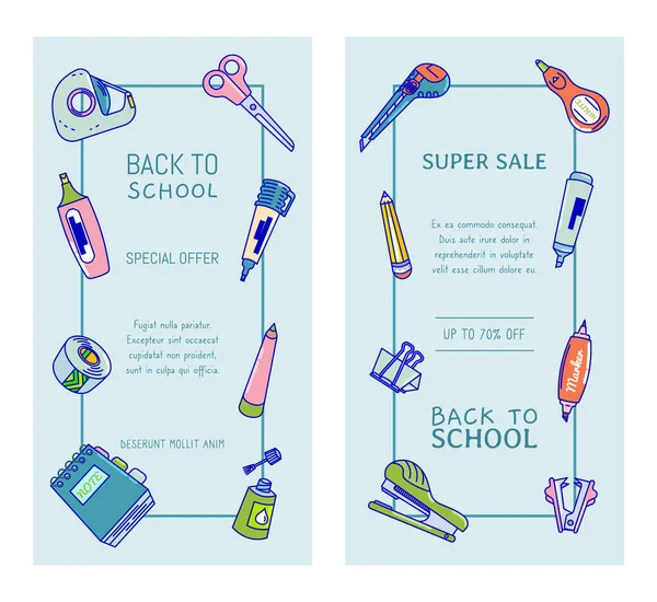 Powrót do szkoły super ulotka koncepcyjna sprzedaży i plakat z zaopatrzeniem szkolnym. Duży baner rozliczeniowy. — Wektor stockowy