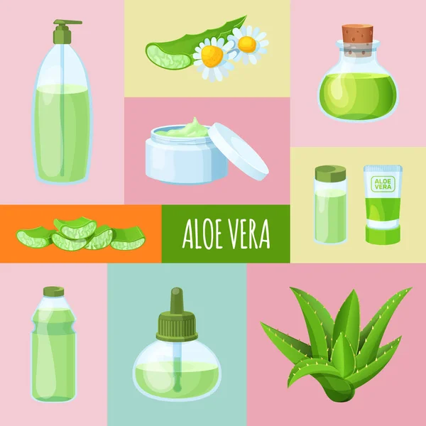 Aloe Vera Parfüms, Creme, Seife, Gras, Blattbanner und Websymbol. — Stockvektor