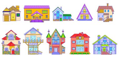 Çeşitli stillerde yazlık evler, vektör illüstrasyonlar, kır evleri ve konak evleri ön cephe binaları tasarımı, ev dış tasarımı, çizgi sanatı.