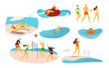 Sahildeki insanlar, vektör illüstrasyonu, karakterler voleybol oynar, lastik halkada yüzer, güneşlenir ve yaz tatillerini deniz kenarında geçirirler..