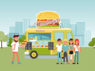 Şehirdeki yemek kamyonu illüstrasyonu, sokak kamyonu veya minibüs çeşitli hamburger menüleri satıyor, insanlar park festivali pazarından hamburger alıyor.