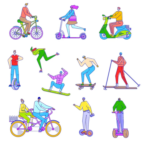Människor ridning olika fordon, vektor illustration i linje konst stil, cykel, skoter, ski och skateboard. — Stock vektor
