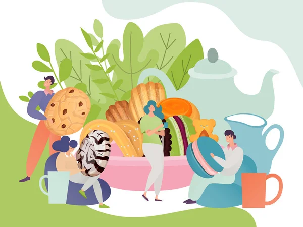 Kolorowy baner do reklamy produktu piekarniczego ze szczęśliwymi ludźmi, którzy jedzą smaczne słodycze, ilustracja wektor w płaskim stylu. — Wektor stockowy