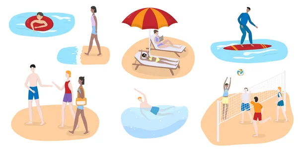 Pessoas na praia, ilustração vetorial, personagens jogam vôlei, nadar, surfar, tomar sol e passar férias de verão no litoral . —  Vetores de Stock