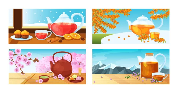 Мультяшна чашка чаю, чайник Векторні ілюстрації. Милий керамічний чайник з японськими рожевими квітами, скляна чашка з апельсиновим ароматом, обліпиховий гарячий напій подається цукровий торт. Сторінка посадки плоскої чайної вечірки — стоковий вектор