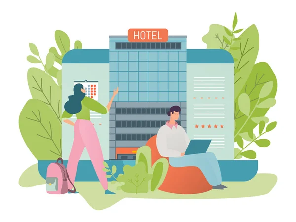 Menschen, die ein Zimmer in einem Hotelgebäude über das Internet mit Hilfe eines Online-Dienstes buchen, Vektor-Illustration flachen Stil. — Stockvektor