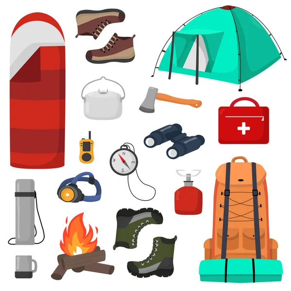 Camping objecten, set vector illustraties geïsoleerd op witte, platte stijl, uitrusting en accessoires voor wandelen, trekking en outdoor activiteiten. — Stockvector