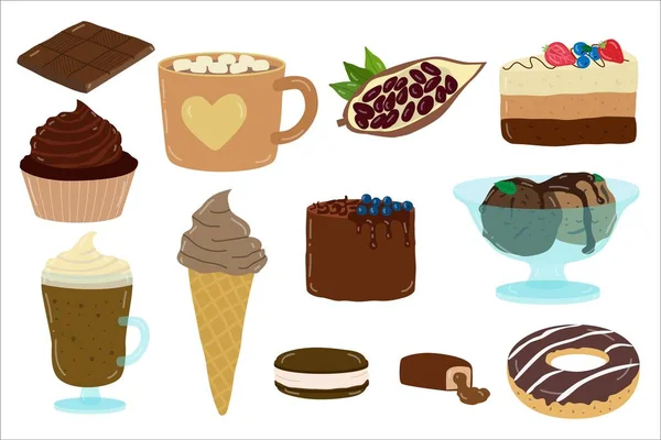 Rajzfilm csokoládé édességek, desszert, vektor illusztráció, készlet lapos matricák elszigetelt fehér, csokoládé édességek, fagylalt és italok. — Stock Vector