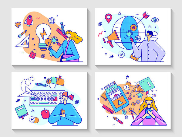 Education concept vector illustration, flat line cartoon people receive knowledge at school, university or college course banner set