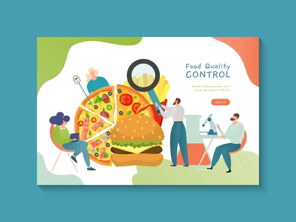 Control de alimentos calidad vector ilustración, dibujos animados pequeño hombre mujer carácter comprobación de comida rápida, haciendo análisis, tecnología de prueba de calidad — Archivo Imágenes Vectoriales