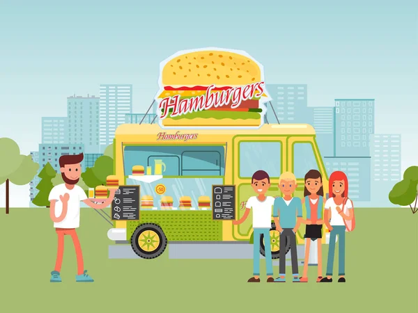 Ilustración del vector del camión de comida de la ciudad, camión de la calle o furgoneta que vende el menú de la hamburguesa, gente que compra la hamburguesa en mercado del festival del parque — Archivo Imágenes Vectoriales