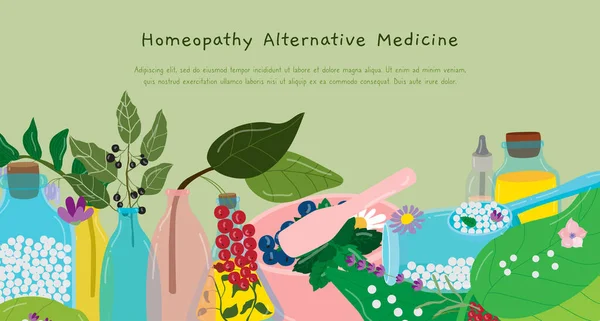 Homeopatie alternativní medicína vektorové ilustrace, kreslené ploché pilulky kapsle, zelené listy byliny nebo bobule, vitamin rostlina pro lékařskou farmacii — Stockový vektor