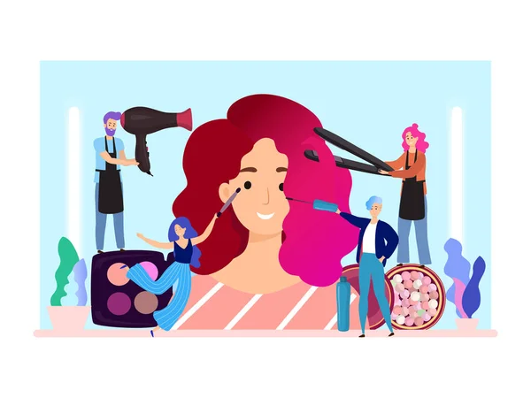 Vrouw make-up vector illustratie, platte gelukkig kleine cartoon make-up kunstenaar kapper personages groep doen maquillage, beauty salon concept — Stockvector