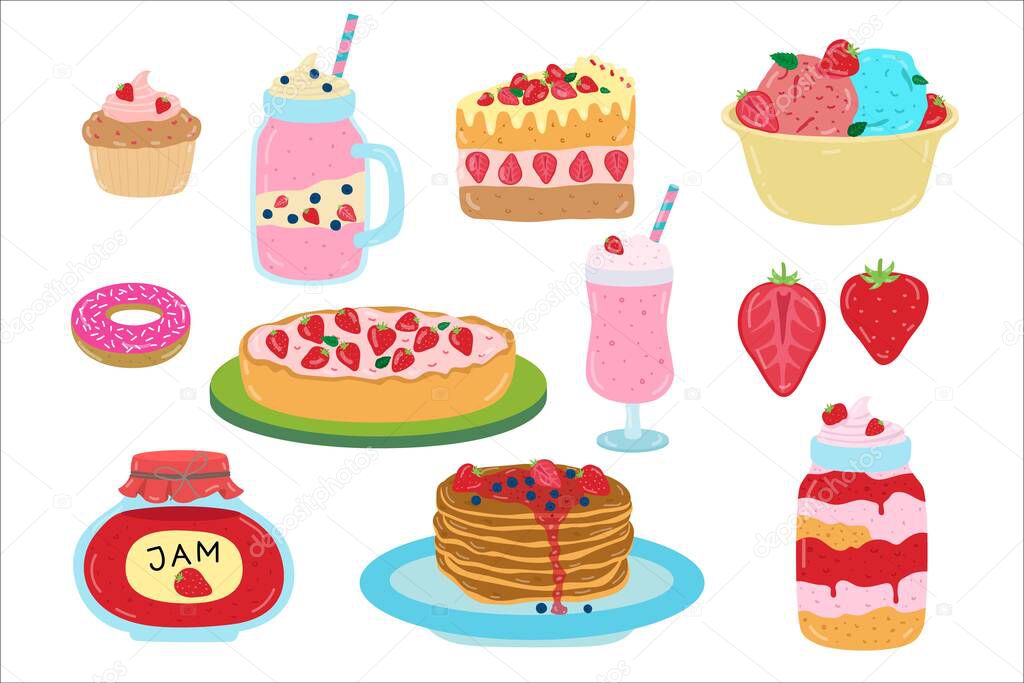 Cartoon strawberry sweets, dessert, vector illustration, set of flat stickers isolated on white, strawberry confectionery, ice cream and cocktail.
