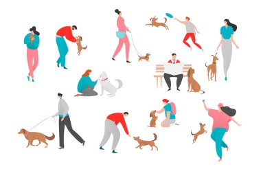 İnsanlar köpek sahibi vektör illüstrasyonu, çizgi film düz mutlu kadın karakter birlikte oynuyorlar, beyaz köpek yavrusuyla yürüyorlar.