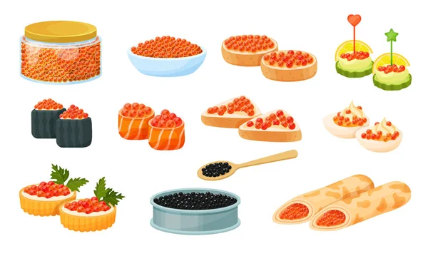 Caviar vermelho e preto, vetor plana ilustração conjunto isolado em branco, panquecas e sanduíche com caviar, rolo, lanche, caviar enlatado . —  Vetores de Stock