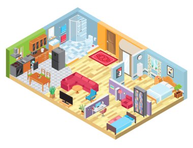 Isometric daire düzeni, modern evde oda iç mimarisi, iç plan manzarası, vektör illüstrasyonu.