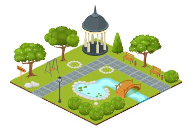 Isometric park vektör çizimi. Çizgi film 3 d Şehir doğa haritası beyaz, yeşil bahçe ağacı ve çimenler üzerinde izole edilmiş, küçük köprüsü olan açık havuz, park çardağı ve banklar