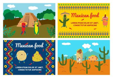 Meksika yemek vektör illüstrasyonu, tatlı taco, Meksika 'dan gelen tortilla karakteri, mutlu burrito gülümseme ve dans eden reklam seti
