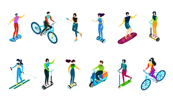 Pessoas isométricas andando de bicicleta, scooter, veículos, ilustração vetorial, personagens planos isolados em esqui branco, patins, andar de skate e giroscópio . — Vetor de Stock