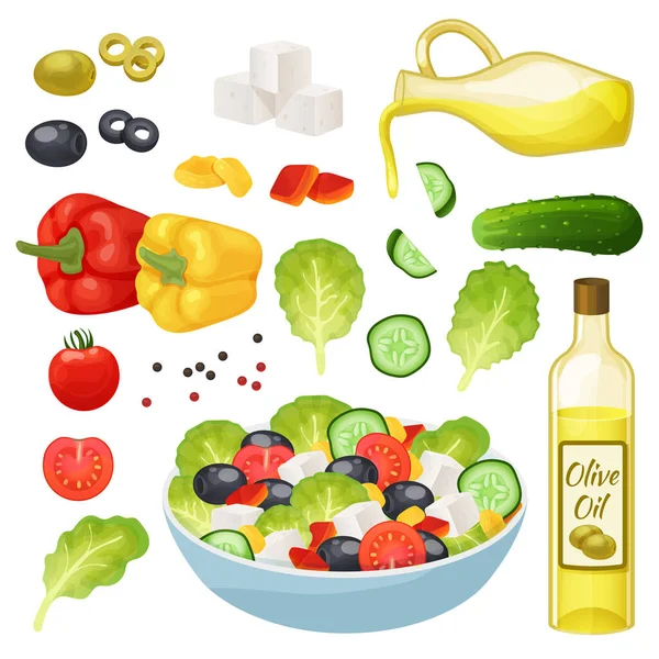 Illustration vectorielle de salade grecque isométrique, 3d dessin animé ingrédients du menu des aliments sains, cuisson déjeuner végétarien mis isolé sur blanc — Image vectorielle