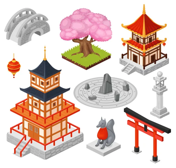 Isometric Japonya vektör illüstrasyonu, karikatür 3d Japon seyahat şehir simgesi, doğu tapınağı, beyaz üzerine izole köprü simgeleri