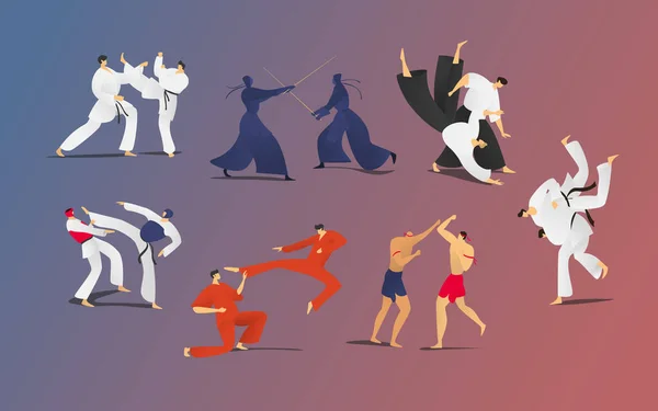 Bojová bitva sparring lidé vektorové ilustrace set, kreslené dva stíhací postavy, muži v kimono sebeobrana prezentace — Stockový vektor