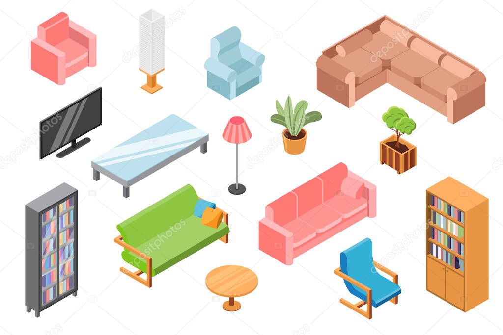 Living room furniture, vector illustration, isometric constructor of 3d furniture and accessories isolated on white, lounge interior design.
