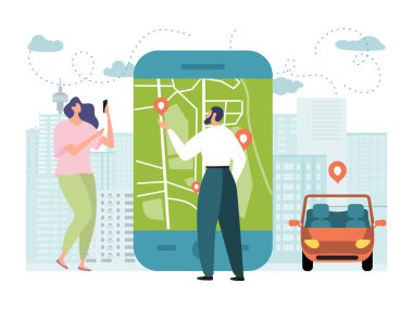 Çevrimiçi araba servisi uygulaması vektör illüstrasyonu, düz çizgi film. Minik çiftler akıllı telefon kullanarak taksi çağırıyorlar.
