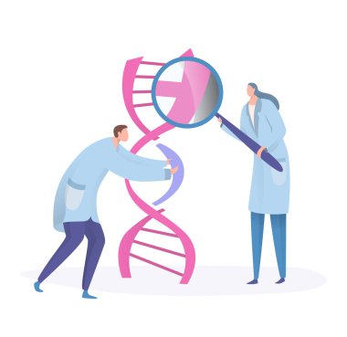 Bilim adamı laboratuvar araştırması, küçük insanlarla ilgili kavram çizgi film karakterleri, beyaz üzerine izole edilmiş, vektör illüstrasyonu