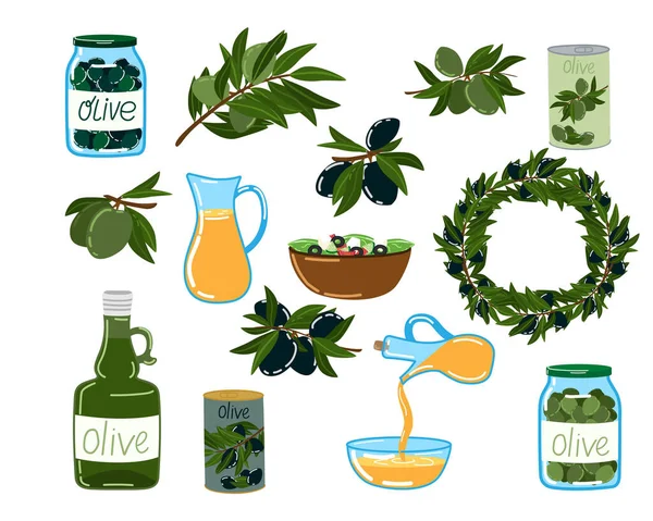有机橄榄制品，矢量平面插图，瓶子和壶中的橄榄油，用白色隔离的树枝上的新鲜橄榄. — 图库矢量图片