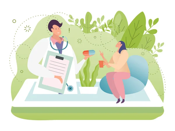 Medico online consultazione vettoriale illustrazione, cartone animato minuscolo personaggio paziente donna utilizzando smartphone app, consulta con il medico uomo — Vettoriale Stock