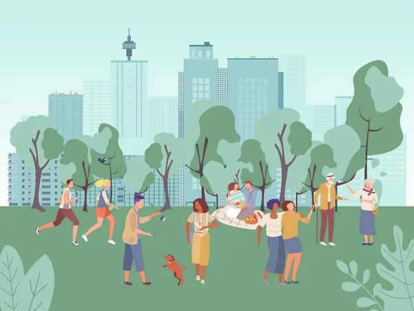 La gente en la ilustración del vector del parque de la ciudad, personajes de hombre de mujer plana de dibujos animados divertirse en el picnic, caminar o correr en la actividad deportiva saludable — Archivo Imágenes Vectoriales