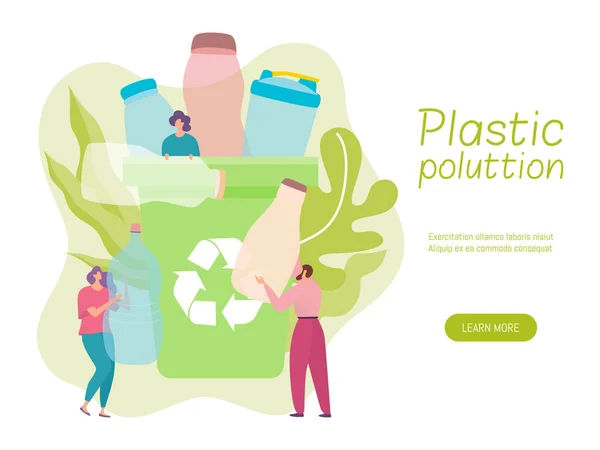 Plastic recycle vector illustraties, cartoon kleine platte vrouw man vrijwilliger personages gooien gebruikte fles afval in de prullenbak — Stockvector