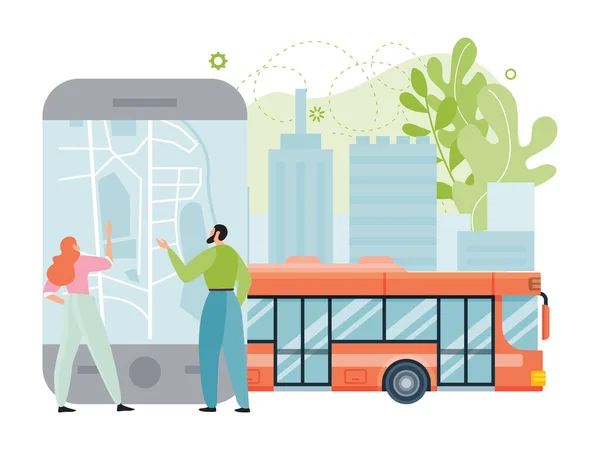 Ilustracja wektora aplikacji transportu publicznego, płaska kreskówka malutka para osób korzystających ze smartfona z mapą miasta do nawigacji, jazda autobusem — Wektor stockowy