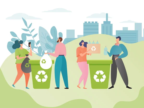 Lixeira conceito vetor ilustração, desenhos animados caracteres planos jogando lixo resíduos, reciclagem lixo lixo juntos, proteger a ecologia —  Vetores de Stock